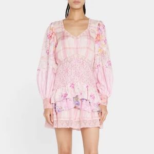 LoveShackFancy Sienne Mixed-Print Silk Tiered Mini Dress in Pink Sand
